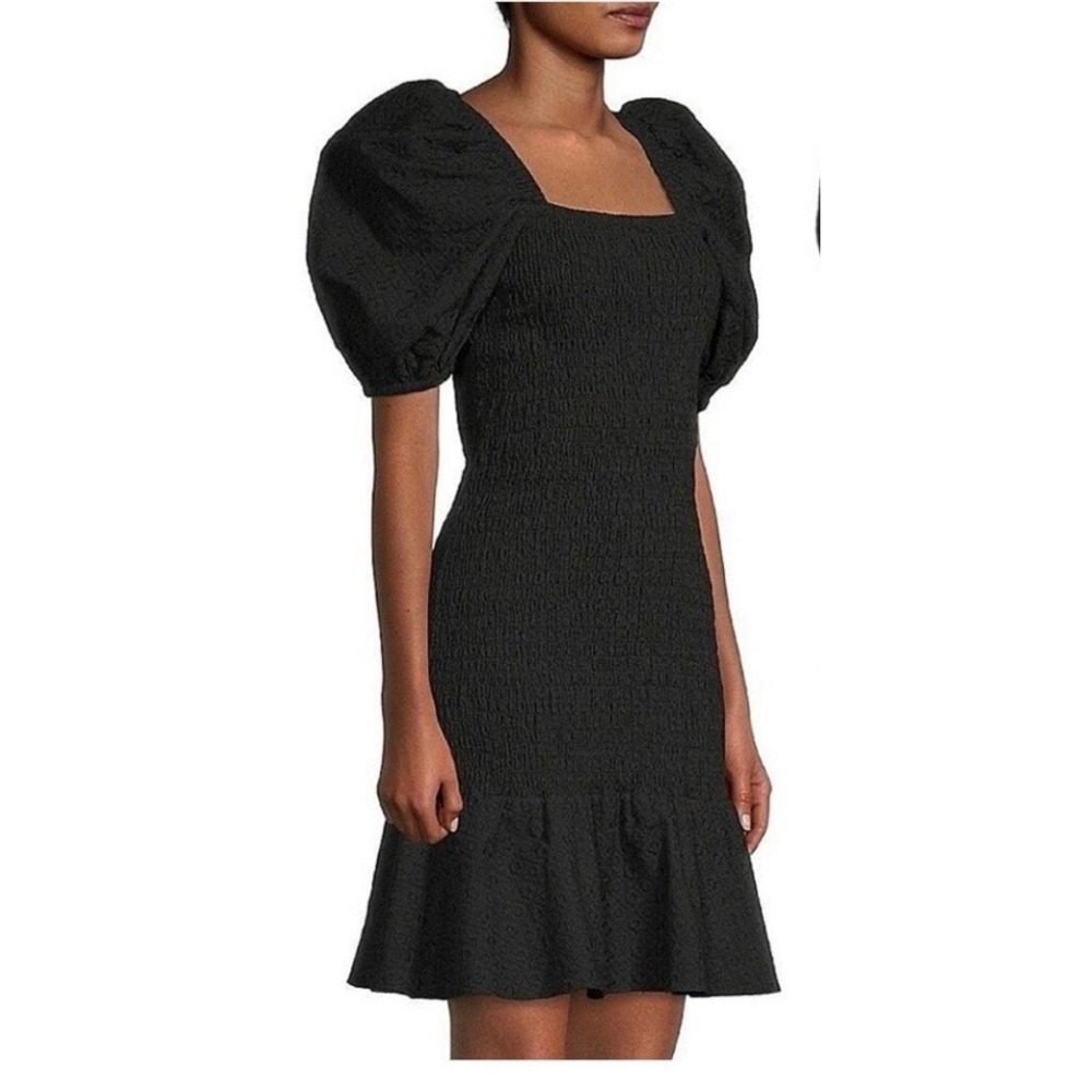 Rachel Parcell Black Eyelet Smocked Puff Sleeve Ruffle Hem Mini Dress Size M